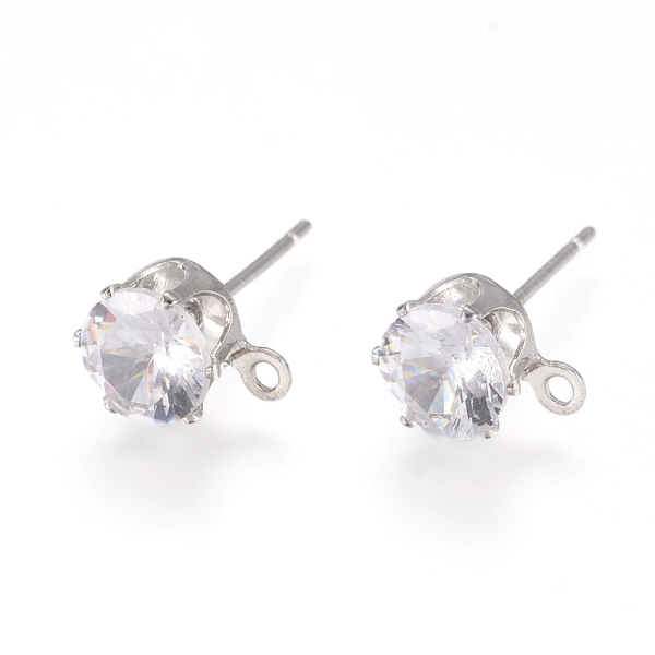 

PandaHall Brass Stud Earring Findings, with 316 Surgical Stainless Steel Pin, Cubic Zirconia and Loop, Long-Lasting Plated, Flat Round, Real..., Clear