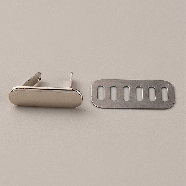 

PandaHall Zinc Alloy Bag Decorative Clasps, Stamping Blank Tags, with Iron Shim, Oval, Platinum, 2.3x0.7x0.15cm Alloy