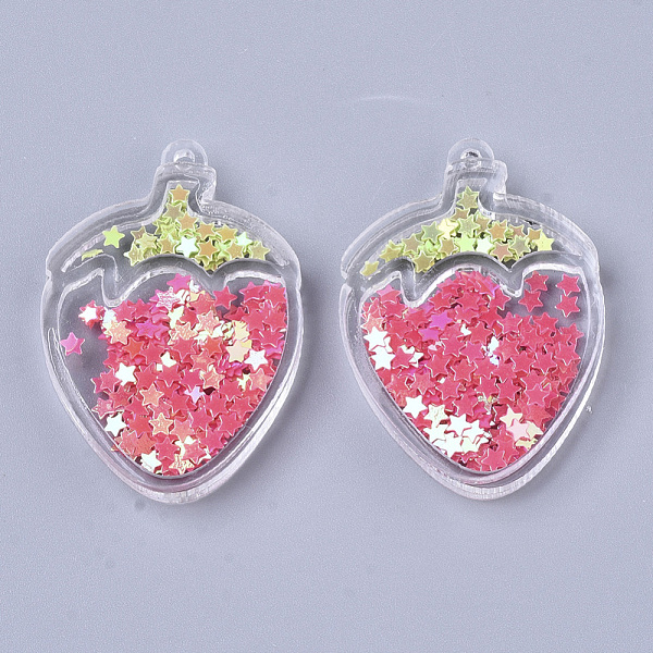 

PandaHall Transparent Acrylic Pendants, with Pailette/Sequins Inside, Strawberry, Hot Pink, 43.5x30x5.5mm, Hole: 1.8mm Acrylic Fruit Pink