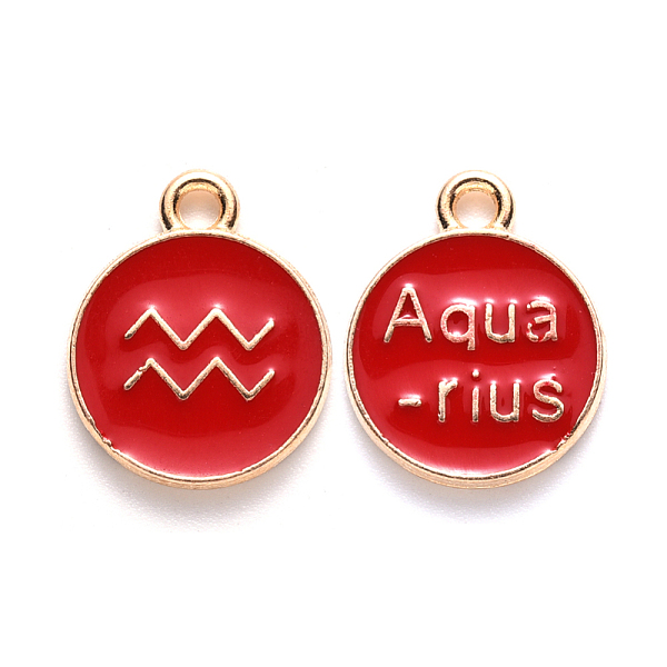 

PandaHall Alloy Enamel Pendants, Cadmium Free & Lead Free, Flat Round with Constellation, Light Gold, Red, Aquarius, 15x12x2mm, Hole: 1.5mm...