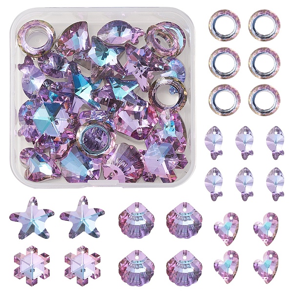 

PandaHall 26Pcs 7 Style Electroplate Glass Pendants, Back Plated, Faceted, Star & Starfish & Snowflake & Shell & Heart & Ring Charms, Plum..., Purple