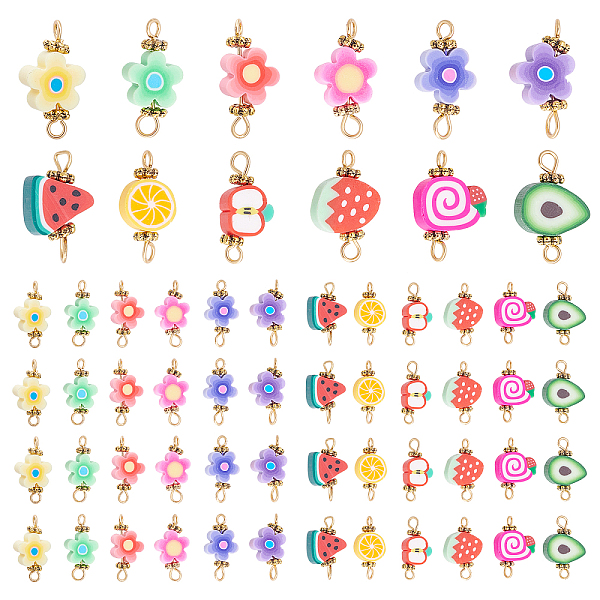 PandaHall 72pcs Flower Fruit Polymer Clay Charm 12 Styles Connector Link Charms Watermlon Strawberry Avocado Cute Spacer Beads With Brass...