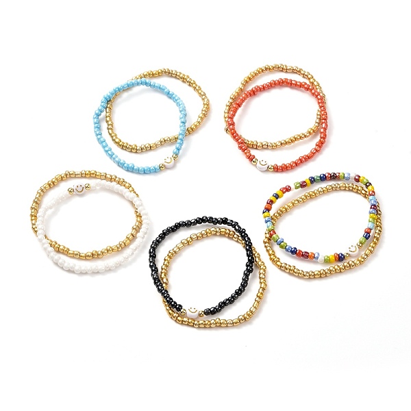 

PandaHall Glass Seed Beaded Bracelets, with Acrylic Beads, Flat Round with Smile, Mixed Color, Inner Diameter: 2-1/8 inch(5.5cm), 2Pcs/set..., Multicolor