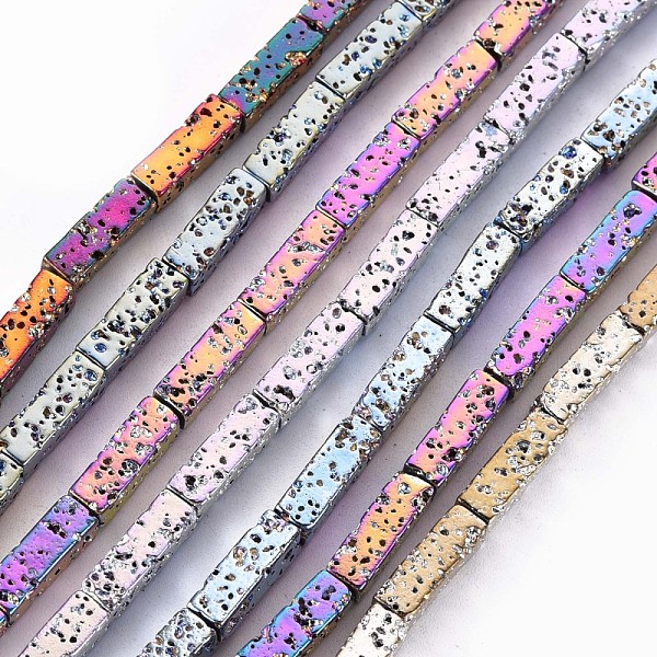 

PandaHall Electroplated Natural Lava Rock Beads Strands, Cuboid, Bumpy, Mixed Color, 12.5x4x4mm, Hole: 1mm, about 32pcs/strand, 15.75 inch..., Multicolor
