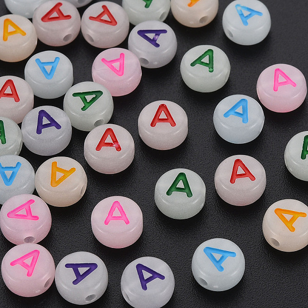 

PandaHall Acrylic Beads, Glow in the Dark, with Enamel and Luminous, Horizontal Hole, Flat Round with Alphabet, Letter.A, 6.5x7x4mm, Hole..., Multicolor