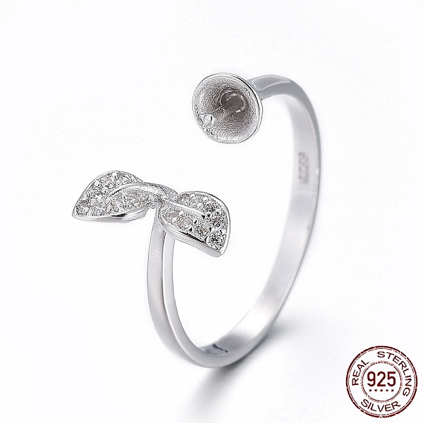 

PandaHall Rhodium Plated 925 Sterling Silver Cuff Rings, Open Rings Components, For Half Drilled Beads, with Cubic Zirconia, Leaf, with 925..., Clear
