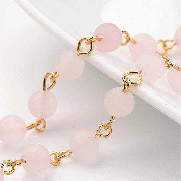 

PandaHall Handmade Natural Rose Quartz Beaded Chains, Unwelded, with Brass Eye Pin, Golden, 39.3 inch Rose Quartz