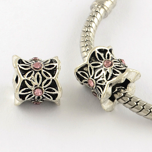 

PandaHall Antique Silver Plated Alloy Rhinestone Large Hole European Beads, Column with Flower, Light Rose, 9x10mm, Hole: 5mm..., Pink