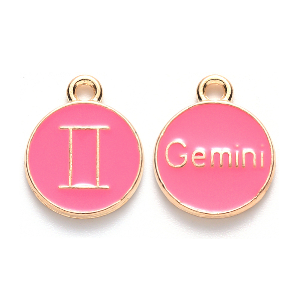 

PandaHall Alloy Enamel Pendants, Cadmium Free & Lead Free, Flat Round with Constellation, Light Gold, Cerise, Gemini, 15x12x2mm, Hole: 1.5mm..., Red