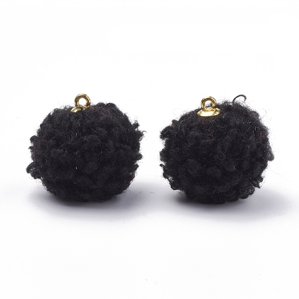 PandaHall Handmade Cloth Fabric Covered Pendants, with Golden Tone Alloy Findings, Round, Black, 19~20.5x17mm, Hole: 2mm Velvet Round Black