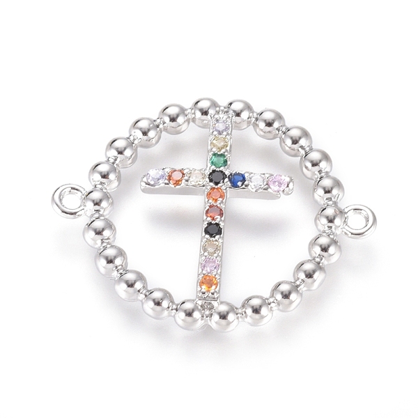 

PandaHall Brass Micro Pave Cubic Zirconia Links connectors, Long-Lasting Plated, Flat Round with Cross, Colorful, Platinum, 25x21x2mm, Hole...
