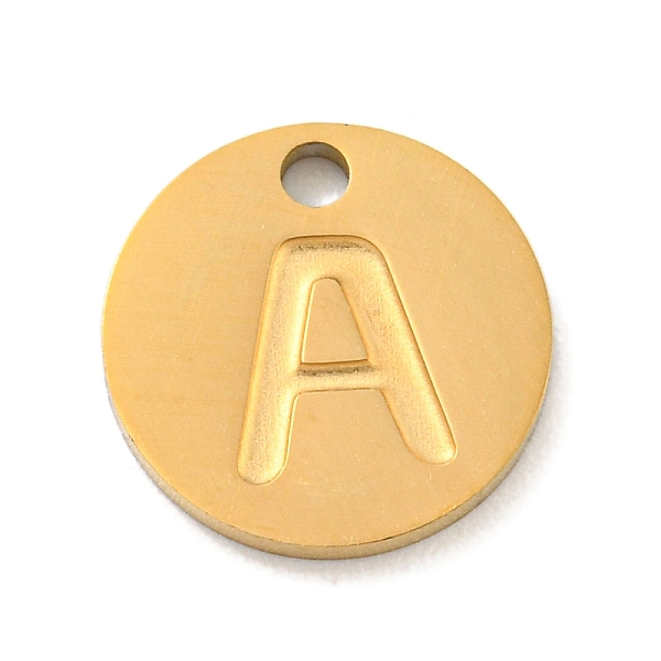 

PandaHall Ion Plating(IP) 304 Stainless Steel Pendants, Laser Cut, Flat Round with Letter Charm, Golden, Letter A, 10x1mm, Hole: 1.4mm 304...