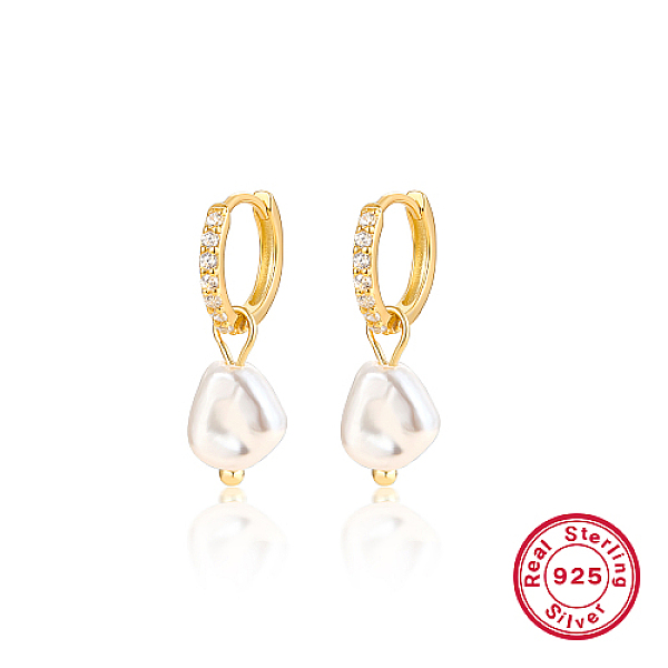 

PandaHall 925 Sterling Silver Micro Pave Cubic Zirconia Dangle Hoop Earrings, Natural Pearl Drop Earrings, with 925 Stamp, Real 18K Gold...
