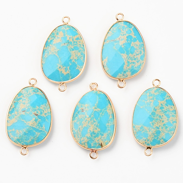 

PandaHall Natural Dyed Regalite/Imperial Jasper/Sea Sediment Jasper Links, with Light Gold Plated Edge Brass Loops, Faceted, Oval, Deep Sky..., Blue