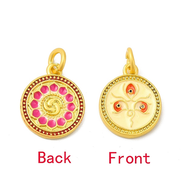 

PandaHall Rack Plating Alloy Enamel Pendants with Jump Ring, Double Side Pattern Flat Round Charms, Matte Gold Color, Champagne Yellow...