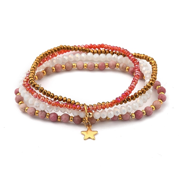 

PandaHall Stretch Bracelets, with Natural Rhodochrosite Beads, Glass Beads, Brass Beads and Star 304 Stainless Steel Charms, Golden, Inner...