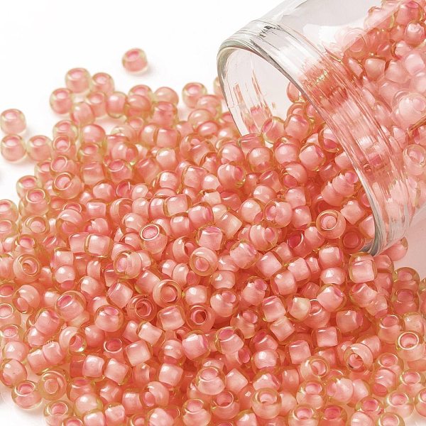 

PandaHall TOHO Round Seed Beads, Japanese Seed Beads, (925F) Coral Lined Light Topaz Frosted, 8/0, 3mm, Hole: 1mm, about 220pcs/10g Glass..., Brown