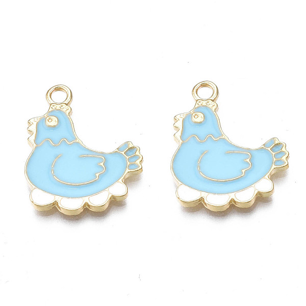 

PandaHall Alloy Enamel Pendants, Cadmium Free & Nickel Free & Lead Free, Light Gold, Hen with Eggs, Light Sky Blue, 21x17.5x2mm, Hole: 2mm...