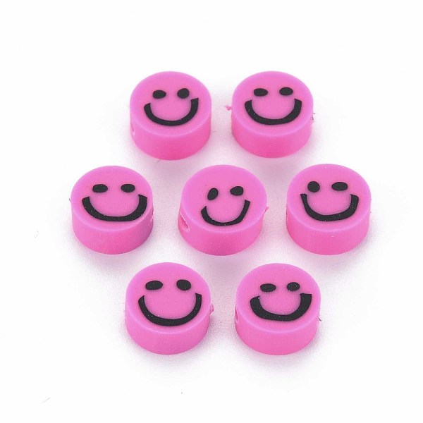 

PandaHall Handmade Polymer Clay Beads, Flat Round with Smiling Face, Deep Pink, 8~9x4mm, Hole: 1.5mm Polymer Clay Flat Round