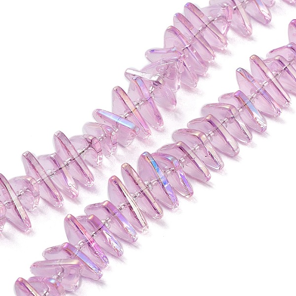 

PandaHall Electroplate Transparent Glass Beads Strands, Rainbow Plated, Triangle, Pink, 9x15.5~16mm, Hole: 1mm, about 120pcs/strand...