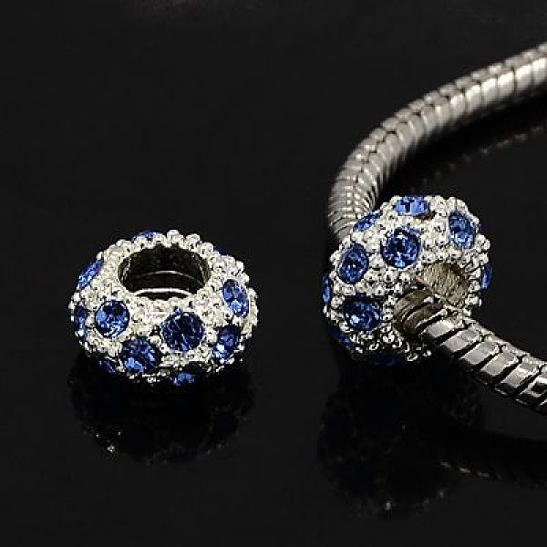 

PandaHall Alloy Rhinestone European Beads, Large Hole Beads, Rondelle, Silver Color Plated, Light Sapphire, 11x6mm, Hole: 5mm..., Blue