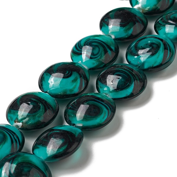 

PandaHall Handmade Gold Sand Lampwork Beads Strands, Flat Round, Teal, 21x11mm, Hole: 1.2mm, about 18pcs/strand, 13.98 inch(35.5cm) Lampwork..., Cyan