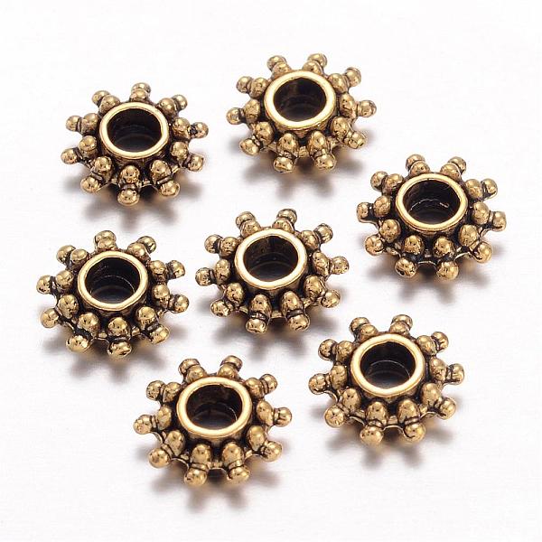 

PandaHall Tibetan Style Spacer Beads, Flower, Antique Golden, Lead Free & Cadmium Free & Nickel Free, 9x3mm, Hole: 2.5mm Alloy Sun