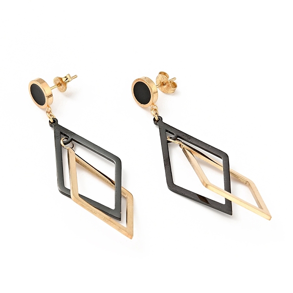 

PandaHall Enamel Double Rhombus Long Dangle Stud Earrings with 316 Stainless Steel Pins, Vacuum Plating 304 Stainless Steel Jewelry for..., Black