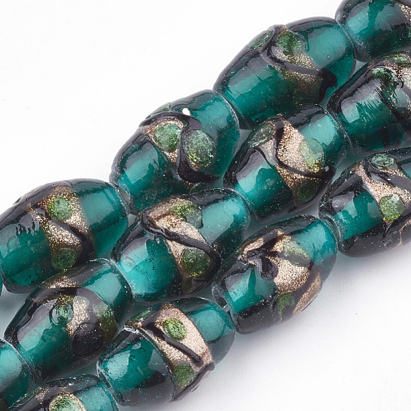 

PandaHall Handmade Gold Sand Lampwork Beads, Drum, Dark Cyan, 15~18x10~12mm, Hole: 1.5~2mm Lampwork Drum