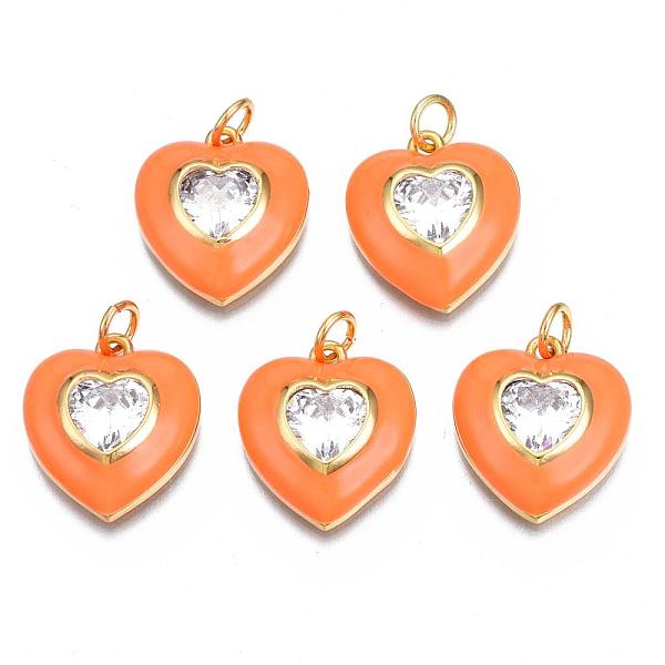 

PandaHall Brass Enamel Pendants, with Clear Cubic Zirconia and Jump Ring, Nickel Free, Real 16K Gold Plated, Heart, Dark Orange...