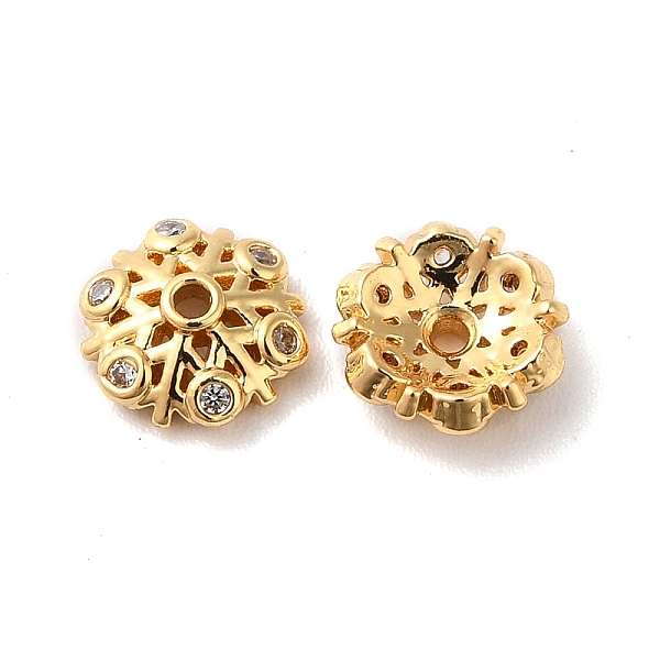

PandaHall Brass Micro Pave Cubic Zirconia Bead Cap, 6-Petal Flower, Real 18K Gold Plated, 7x2.5mm, Hole: 1mm Brass+Cubic Zirconia Clear