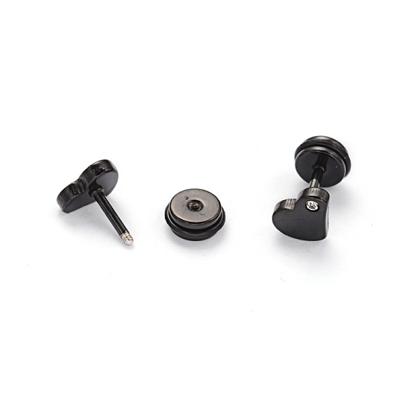 

PandaHall 304 Stainless Steel Heart Earlobe Plugs, Screw Back Earrings, with Rhinestone, Gunmetal, 8x6mm, Pin: 1mm Rhinestone Clear
