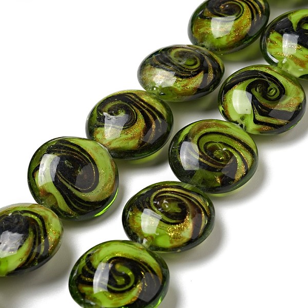 

PandaHall Handmade Gold Sand Lampwork Beads Strands, Flat Round, Yellow Green, 21x11mm, Hole: 1.2mm, about 18pcs/strand, 13.98 inch(35.5cm)...