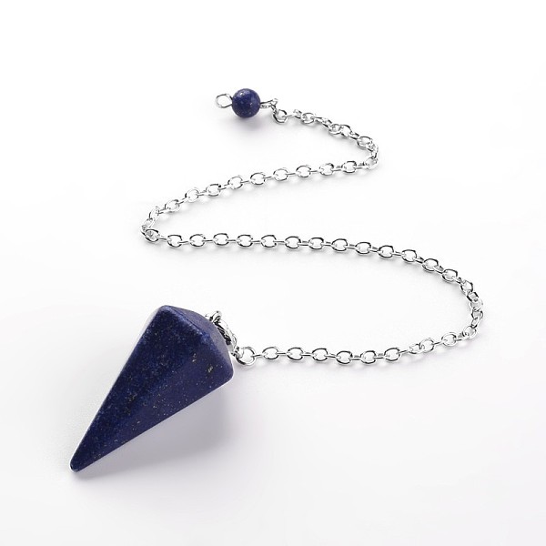 

PandaHall Platinum Tone Brass Lapis Lazuli Cone Hexagonal Pointed Dowsing Pendulums, with Lobster Claw Clasps, 230x3mm Lapis Lazuli Cone