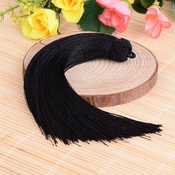 

PandaHall Beautiful Design Nylon Tassel Pendant Decorations, Black, 160x18mm, Hole: 4mm Nylon Black