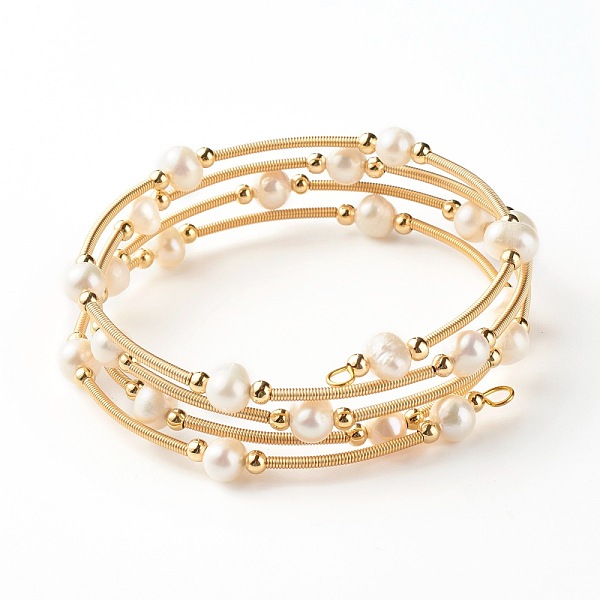 

PandaHall Natural Pearl Beads Four Loops Wrap Bracelets, with Copper & Steel Memory Wire, Brass Beads , Golden, 5/8 inch(1.5cm), Inner...