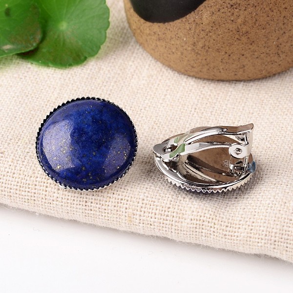 

PandaHall Natural Lapis Lazuli Dome/Half Round Clip-on Earrings, with Platinum Plated Brass Findings, 21mm Lapis Lazuli