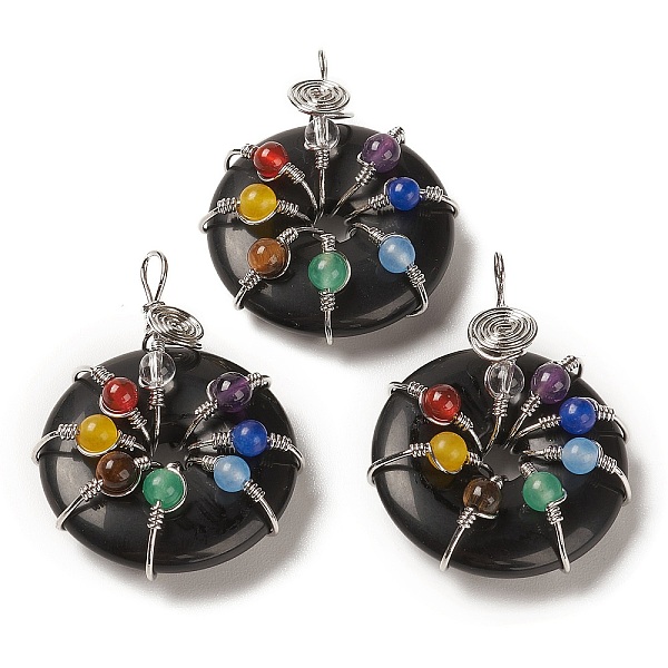 

PandaHall Natural Obsidian Pendants, with Platinum Brass Findings, Donut/Pi Disc with Beaded Charms, 41~42x31x11.5~12.5mm, Hole: 5~5.5x3mm...