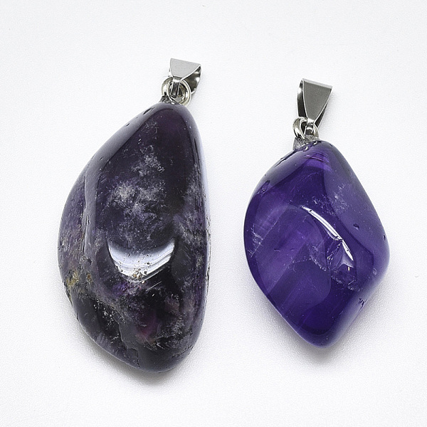 

PandaHall Natural Amethyst Pendants, with Stainless Steel Snap On Bails, Nuggets, Stainless Steel Color, 30~55x18~30x10~20mm, Hole...