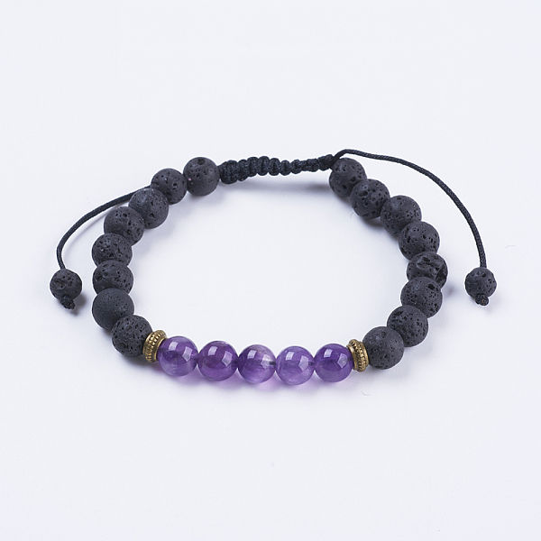 

PandaHall Adjustable Nylon Cord Braided Bead Bracelets, with Lava Rock, Amethyst Beads & Alloy Findings, 2-1/8 inch(54mm) Amethyst
