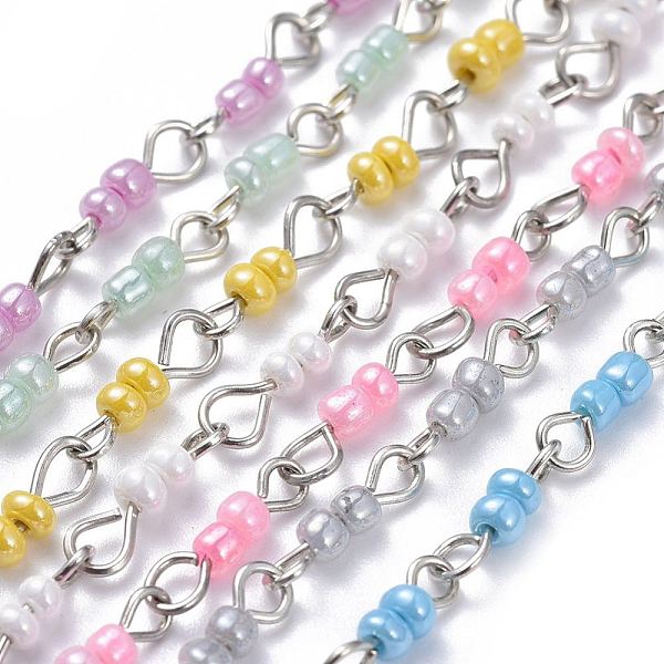 

PandaHall Handmade Glass Seed Beaded Chains, with Iron Eye Pins, Platinum, Unwelded, Mixed Color, 39.37 inch(1m), Link: 3~4x13.5x0.8~3mm..., Multicolor