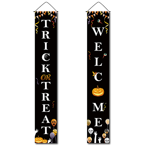 

PandaHall Halloween Hanging Polyester Sign for Home Office Front Door Porch Welcome Decorations, Rectangle with Word Trick Treat Welcome...