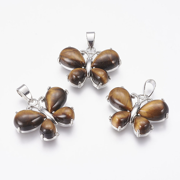 

PandaHall Natural Tiger Eye Pendants, Butterfly, with Brass Finding, Platinum, 24x30x7.5~8mm, Hole: 4x7.5mm Tiger Eye Butterfly
