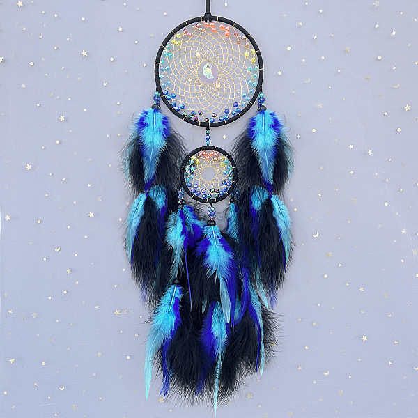 

PandaHall Feather Woven Web/Net with Feather Pendant Decorations, with Plastic Beads, Dodger Blue, 600mm Feather Feather