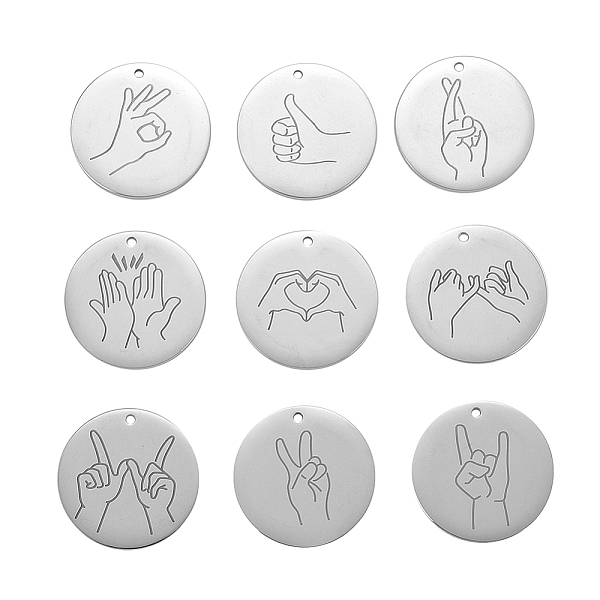 

PandaHall 304 Stainless Steel Pendants, ASL Pendants, Flat Round with Gesture Language, Stainless Steel Color, 25x2mm, Hole: 2mm, 9 patterns...