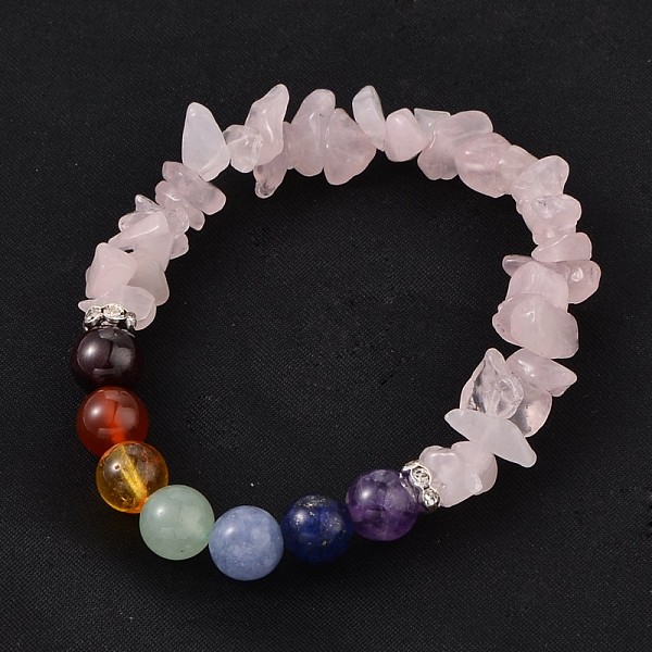 

PandaHall Chips and Round Chakra Natural Gemstone Beaded Stretch Bracelets, Rose Quartz, 50~53mm Rose Quartz Pink