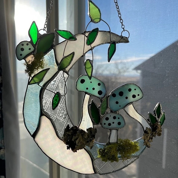 PandaHall Moon with Mushroom Acrylic Pendant Decrations, Hanging Pendant for Window Doors Home Decoration, Aqua, 250mm Acrylic Moon Cyan