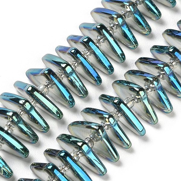 

PandaHall Electroplate Glass Beads Strands, Triangle, Dark Cyan, 9x15.5~16x2.8~3mm,Hole:1mm, about 119~131pcs/strand, 24.21''~24.41''...