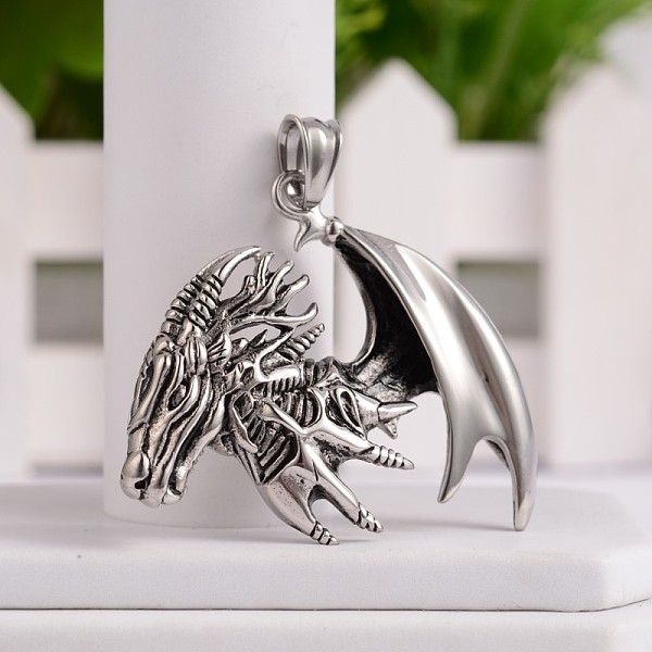 

PandaHall 304 Stainless Steel Pendants, Flying Dragon Pendants for Men, Antique Silver, 43x49.5x7mm, Hole: 5x9mm 304 Stainless Steel Dragon