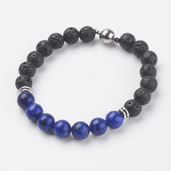 

PandaHall Natural Lava Rock Beads Bracelets, with Natural Lapis Lazuli, Magnetic Clasp and Alloy Finding, 7-5/8 inch(195mm) Lapis Lazuli